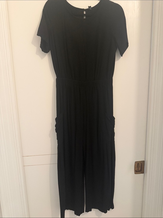 anrabess Pants - Women's Black Short-Sleeve Jumpsuit with Elastic Waist and Pockets